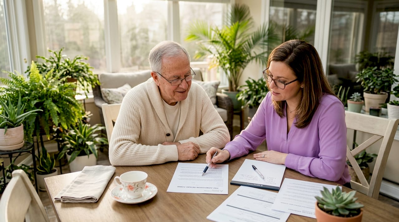 Elderly man reviews intake form with representative