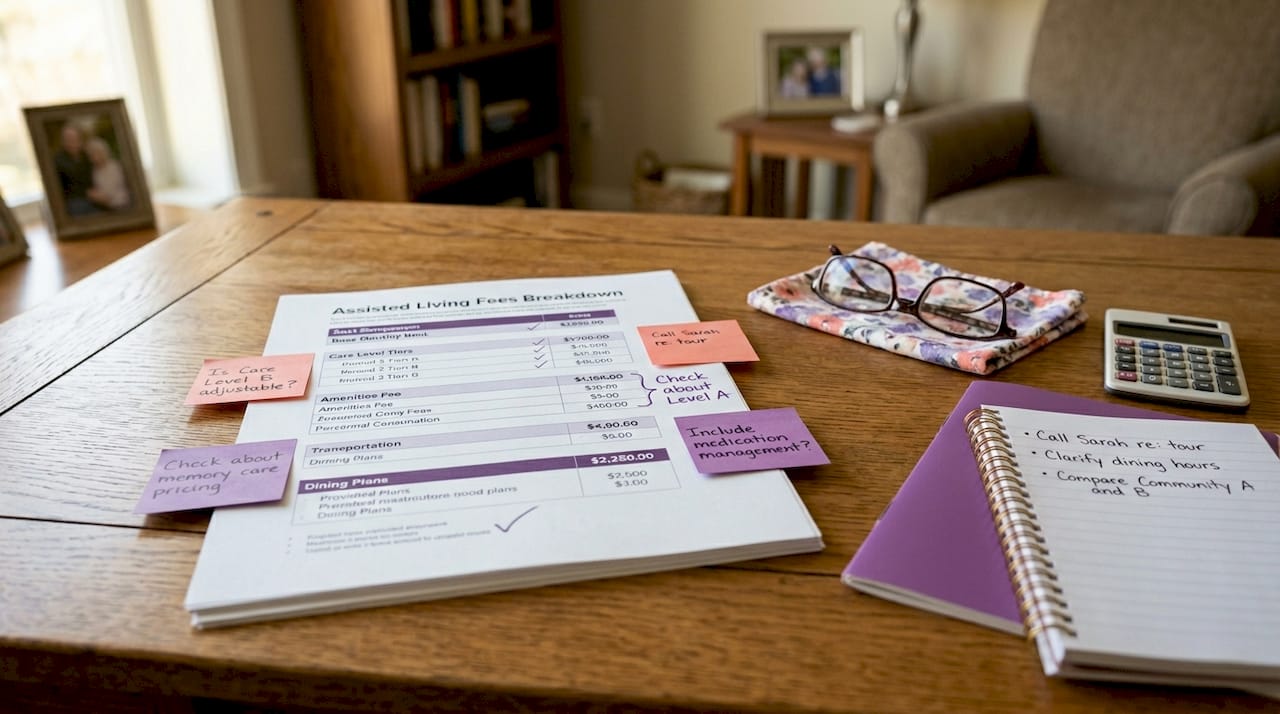 Close-up of assisted living fee breakdown chart with notes