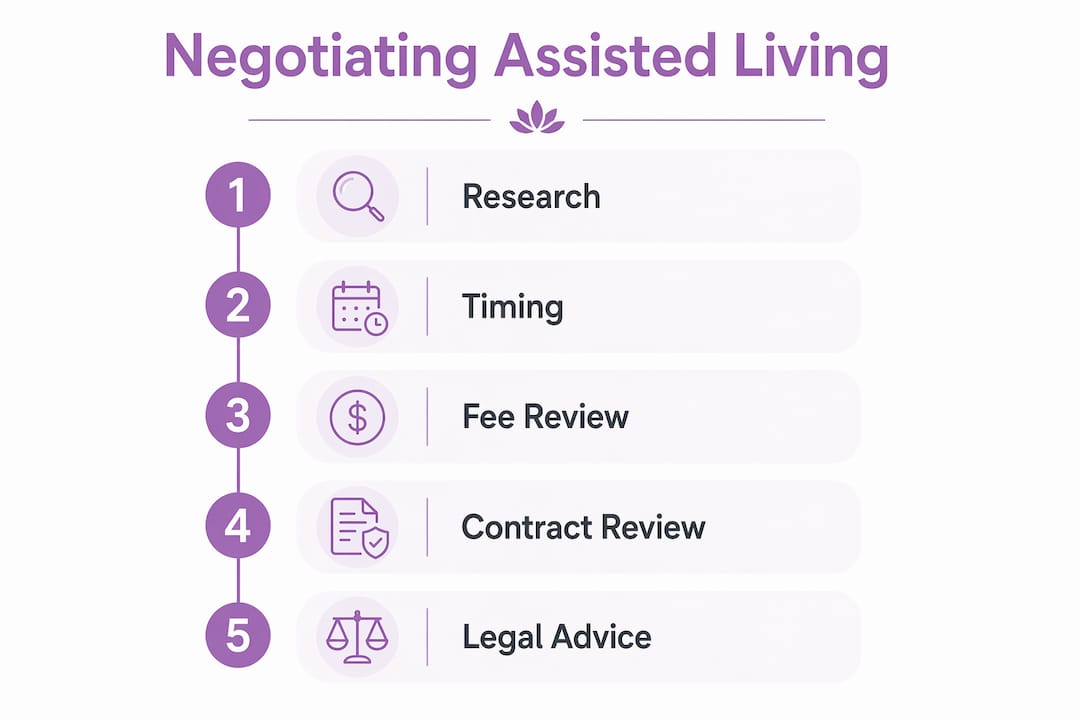 Infographic outlining five steps to negotiate assisted living fees