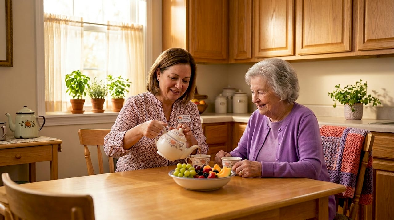 Resident and caregiver sharing meal in home-like setting