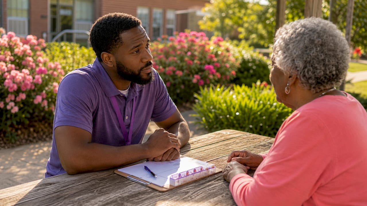 Social worker assessing assisted living resident