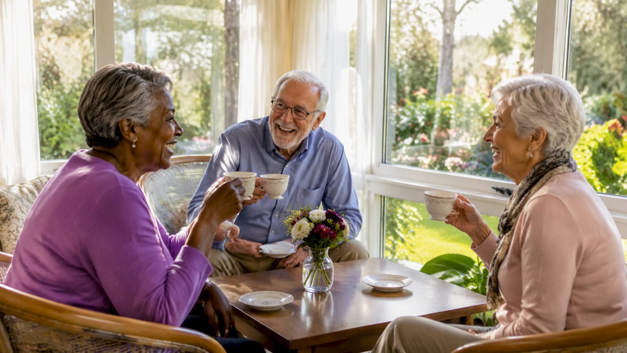 Seniors socializing outdoors at garden patio