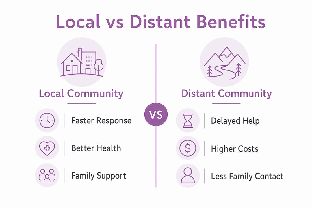 Infographic comparing local and distant senior community benefits