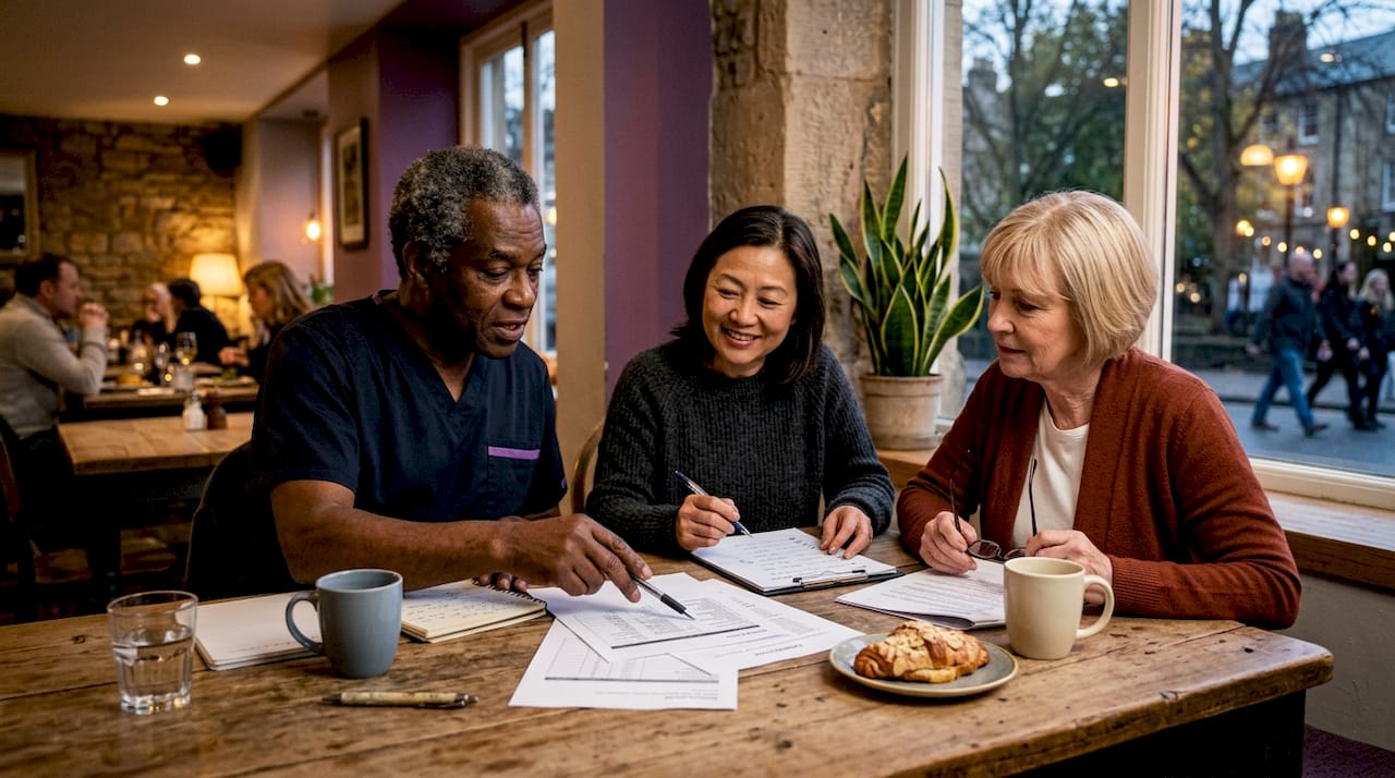 Senior community staff evaluating accreditation documents