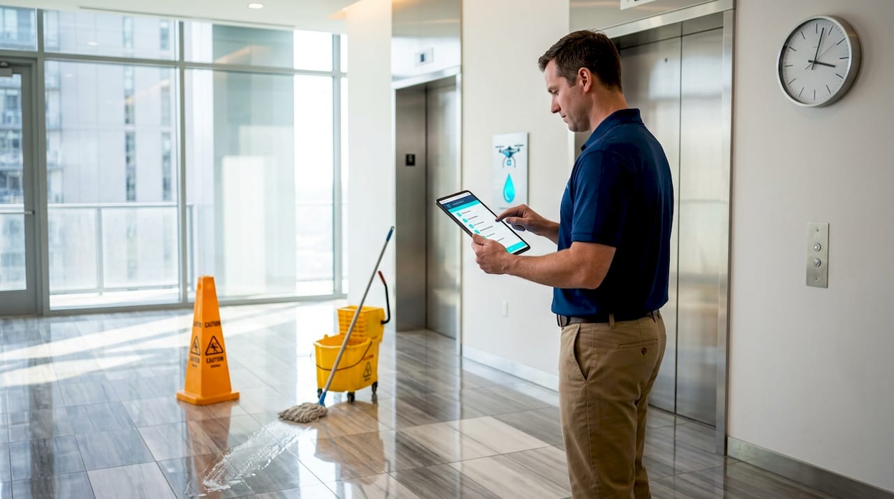 Supervisor checking digital checklist in high-rise lobby