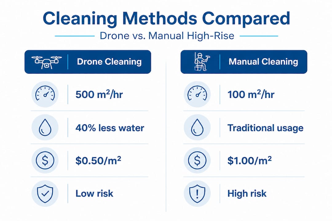 Infographic comparing drone and manual building cleaning
