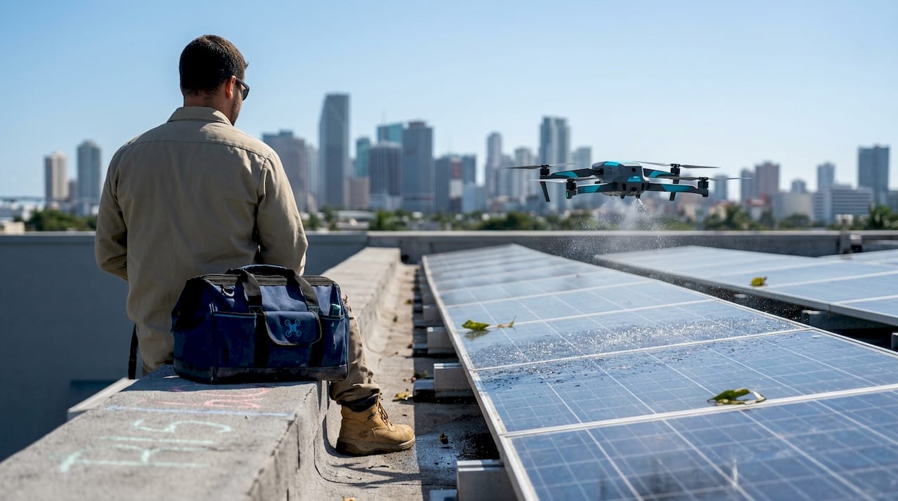 Drone cleaning rooftop solar panels in Miami