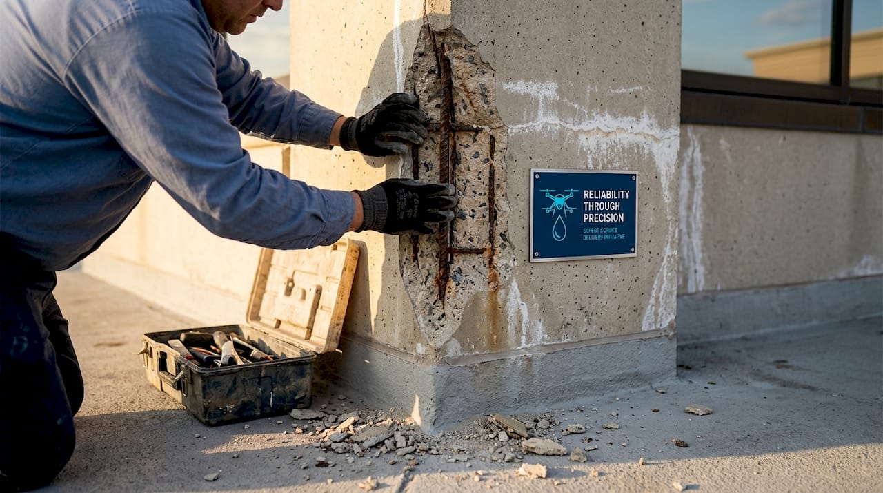 Technician examining concrete spalling on building