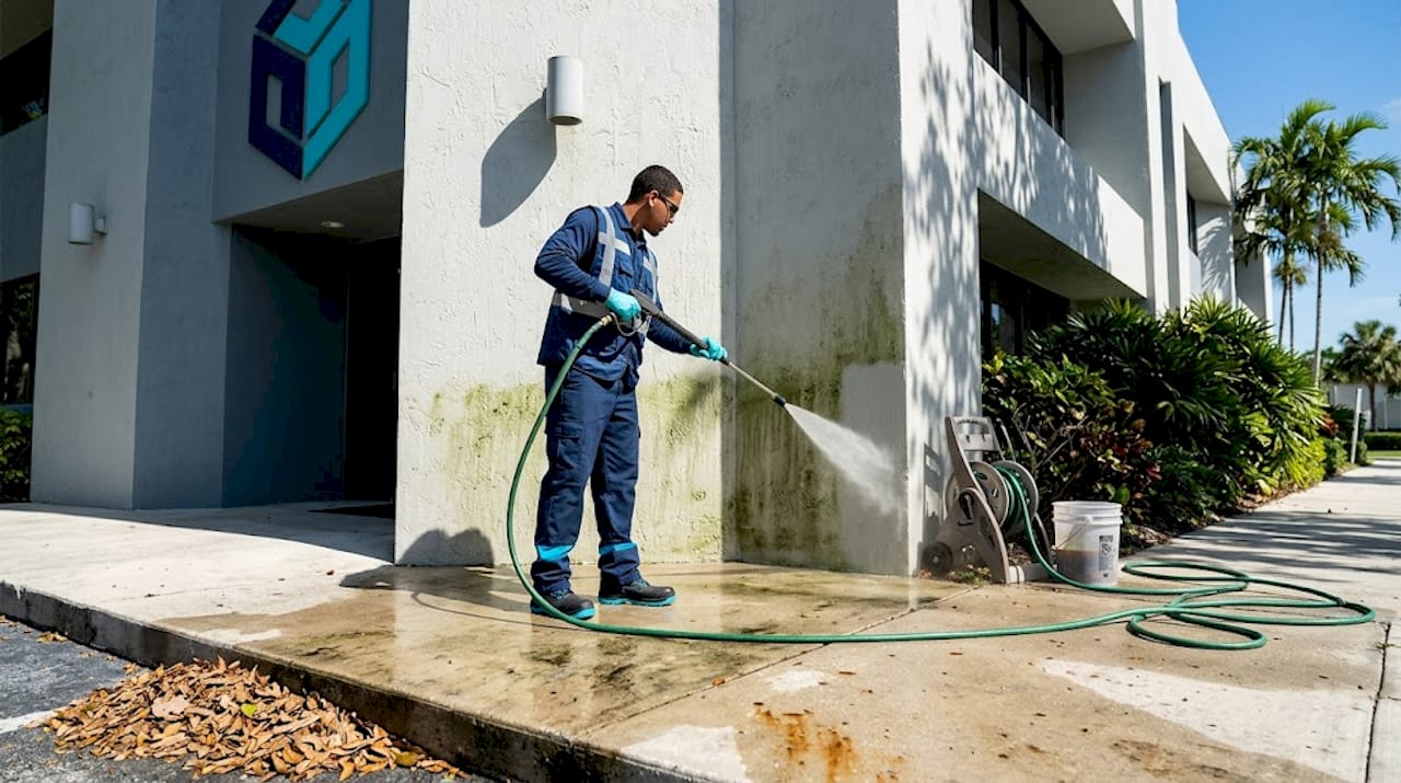Worker pressure washing office building sidewalk facade