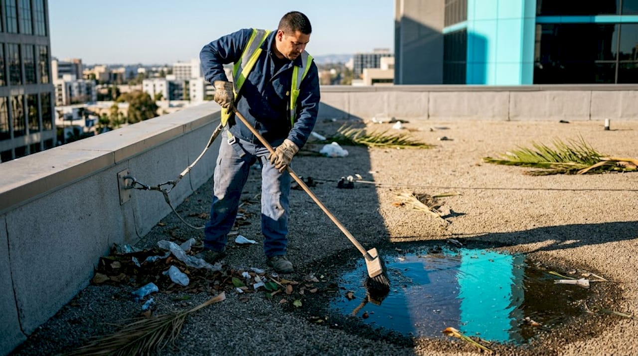 Worker sweeping debris off high-rise rooftop