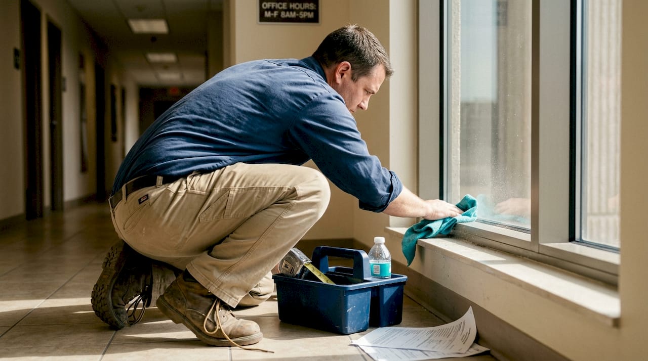 Technician cleaning window frame and sill