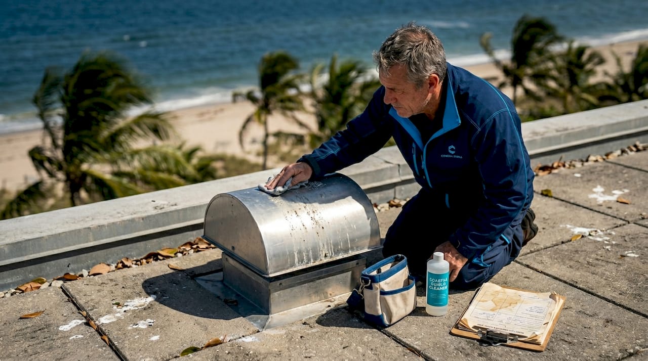 Worker removing salt deposits on high-rise roof