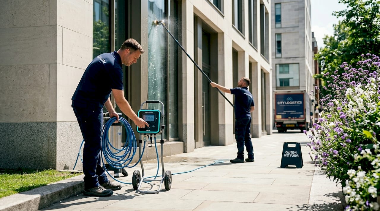 Technicians using pole system for facade cleaning
