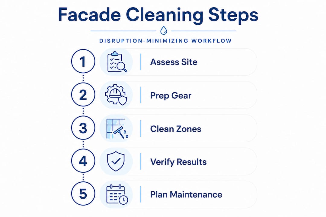 Step-by-step facade cleaning workflow infographic