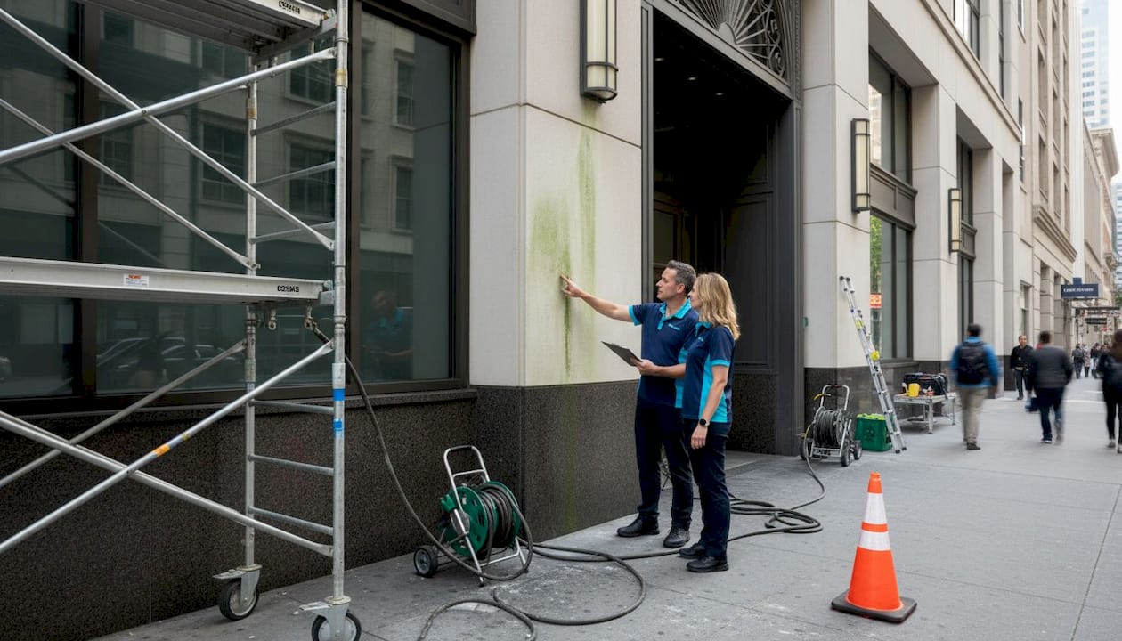 Facility managers reviewing building exterior cleaning