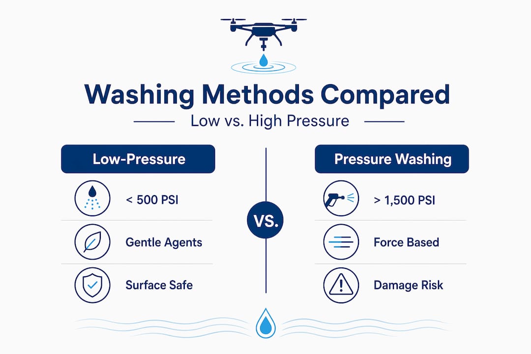 Infographic comparing low-pressure and pressure washing