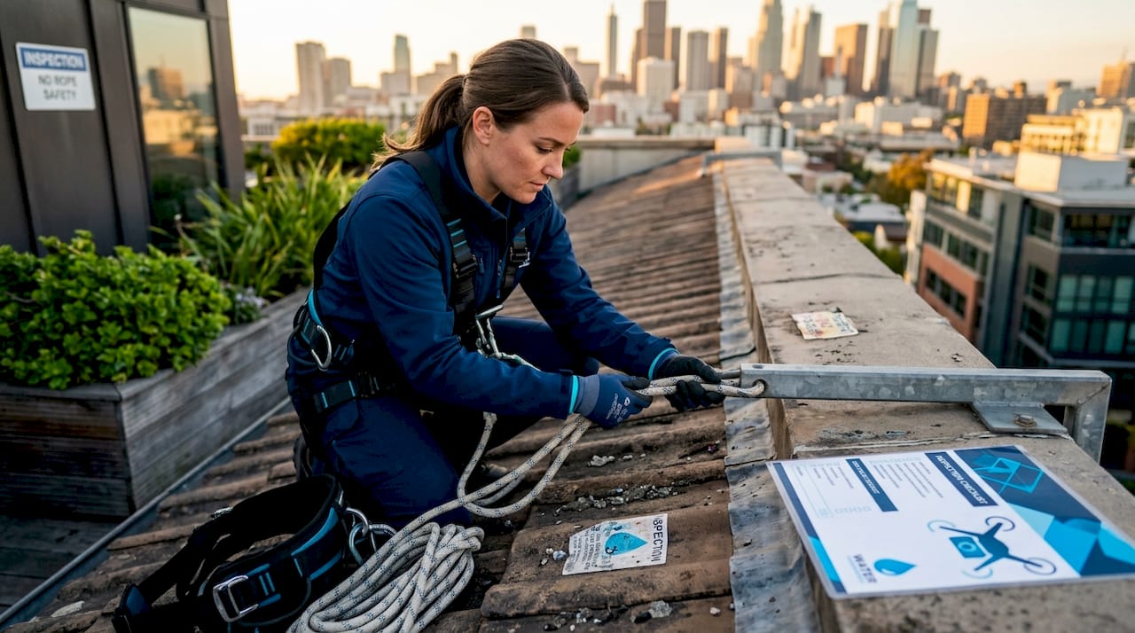 Technician setting up rope access safety system