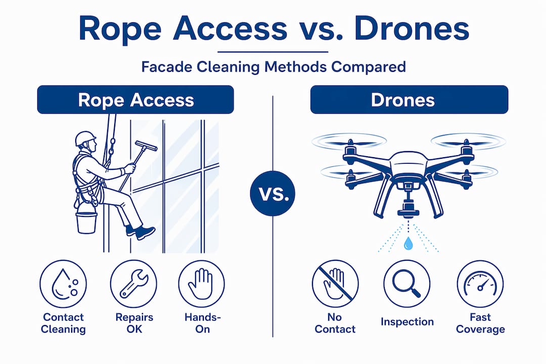 Infographic comparing rope access cleaning and drones