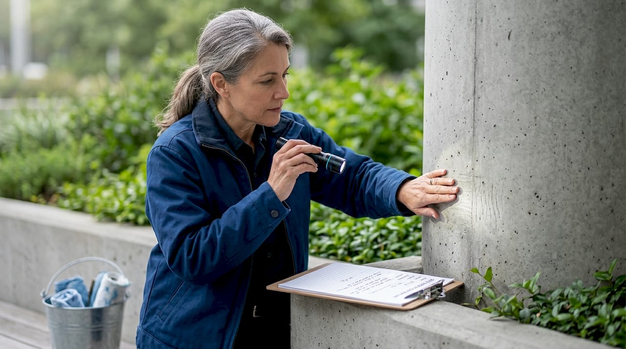 Facilities manager inspects pressure washing damage