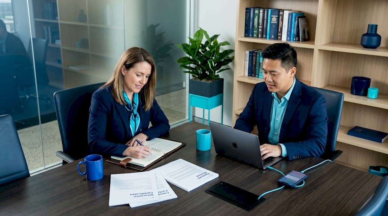Property manager consulting lawyer with documents on table