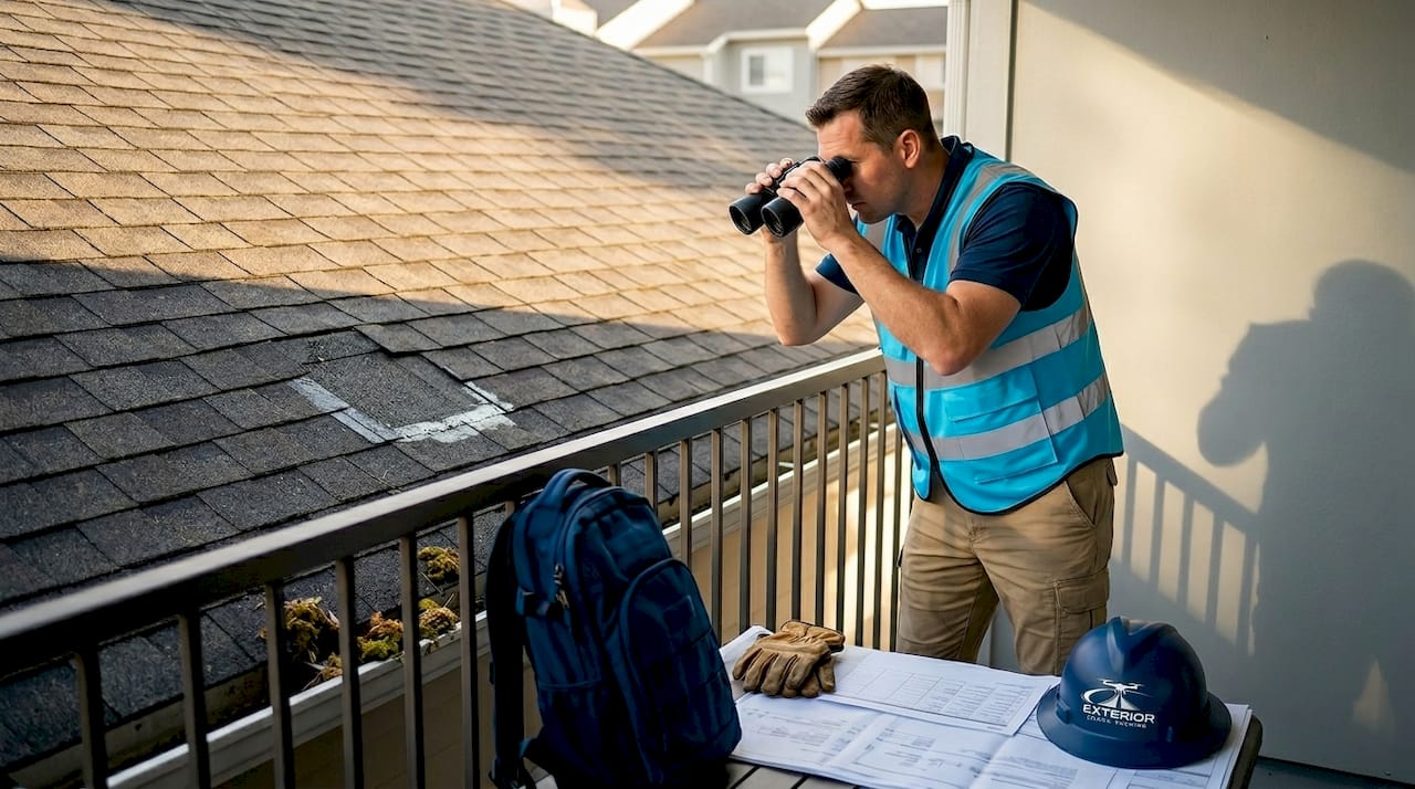 Supervisor inspecting roof for warranty compliance