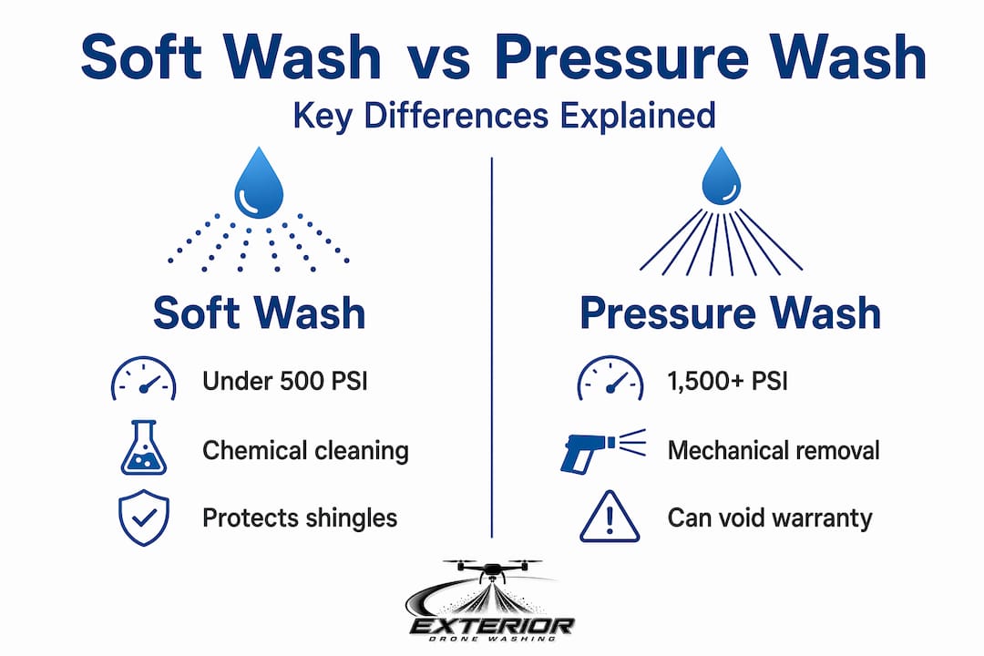 Split infographic comparing soft and pressure washing