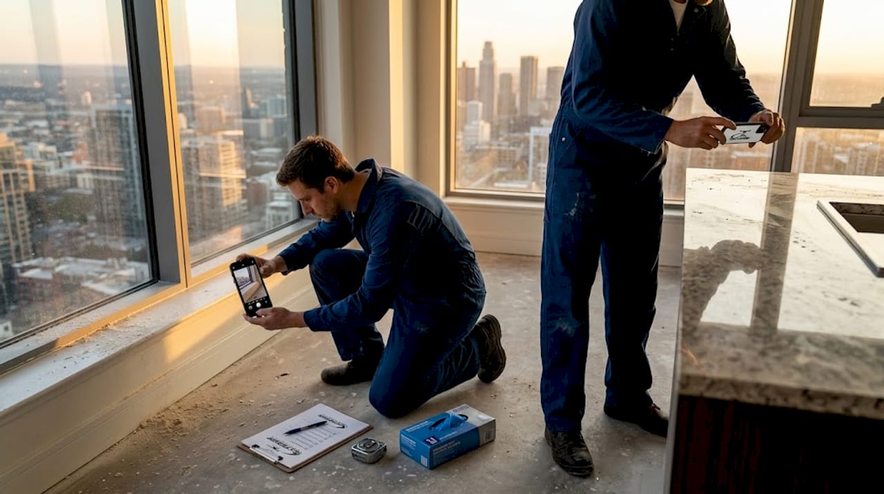 Cleaners photographing post-construction cleaned room