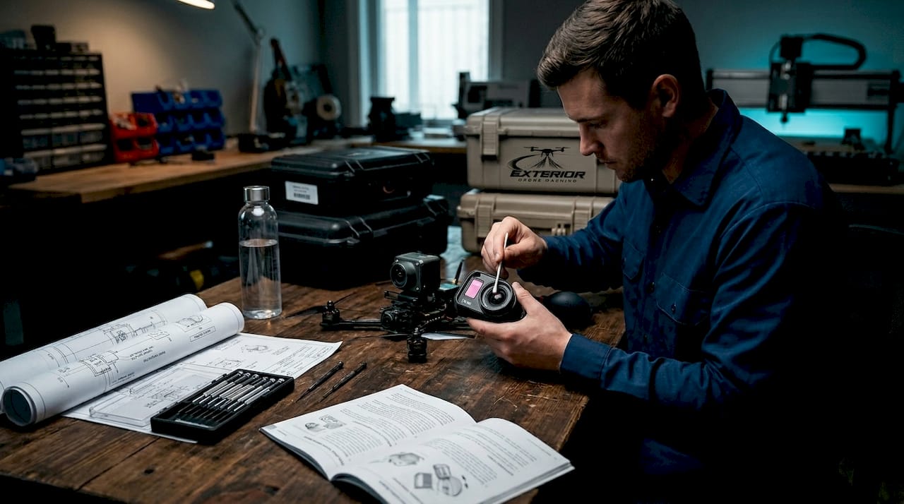 Technician assembling drone sensors with cameras