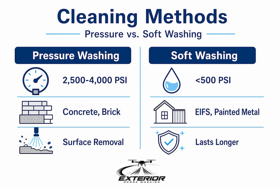 Infographic comparing pressure and soft washing methods