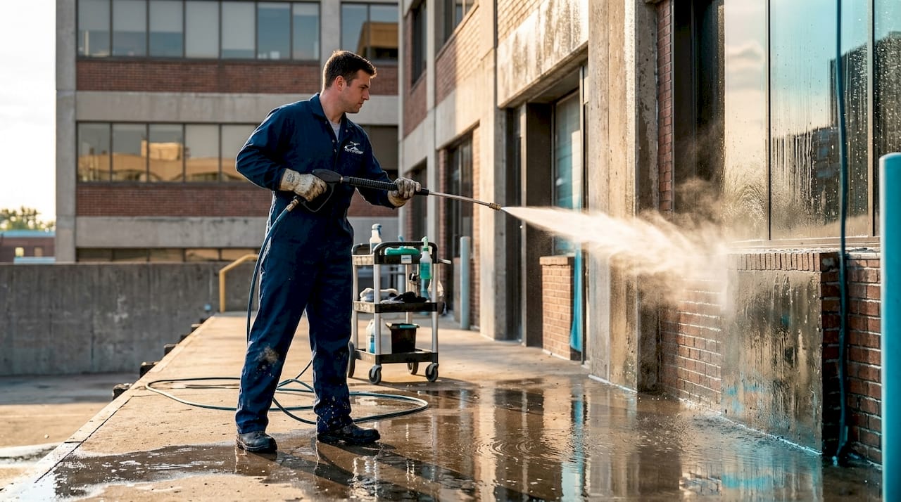 Worker pressure washing stained concrete facade