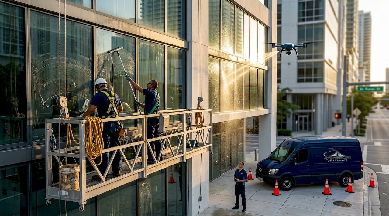 Traditional vs drone high-rise cleaning in Miami