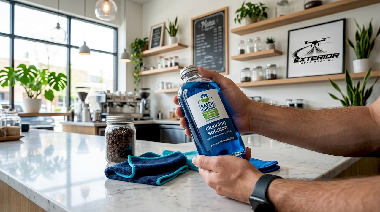 Hands holding EPA Safer Choice certified cleaner bottle