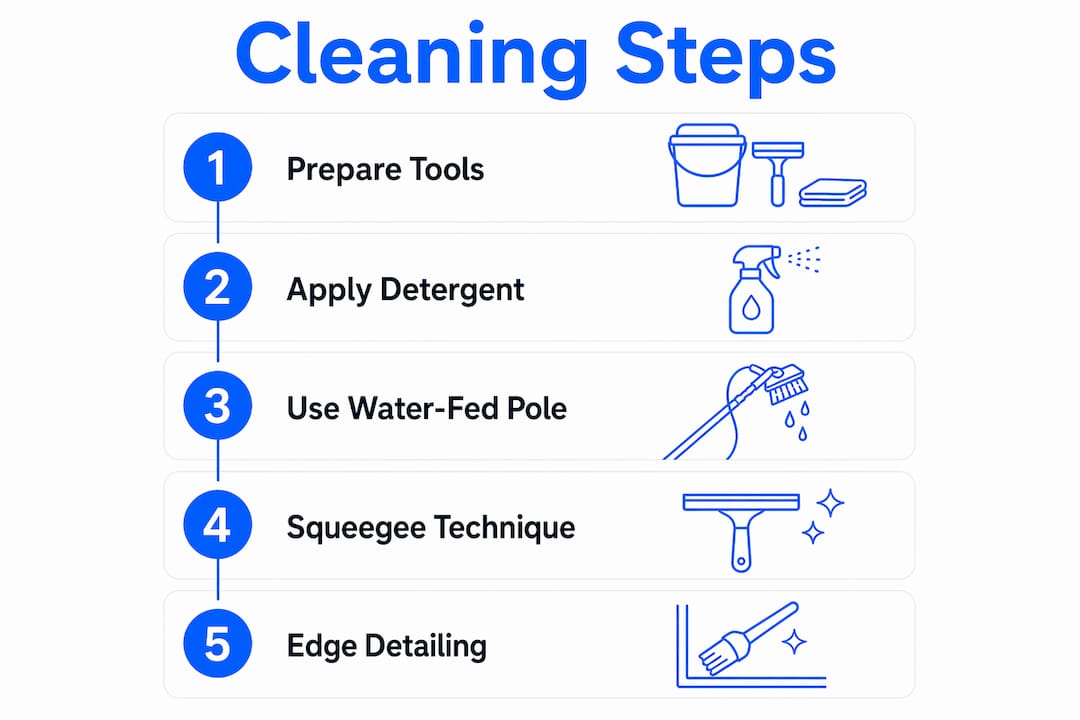 Infographic illustrating steps for streak-free glass cleaning