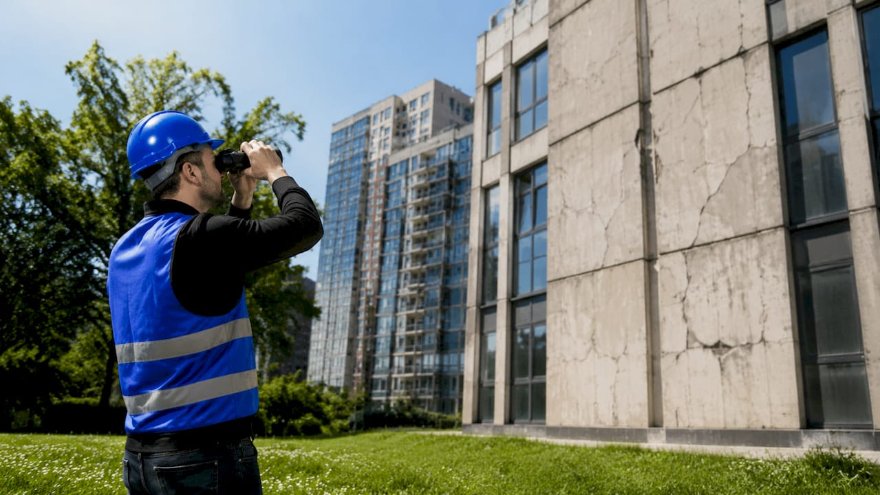 Technician inspecting building facade damage