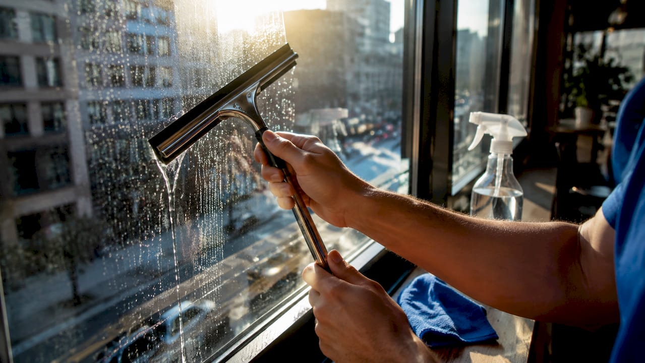 Close-up of squeegee and cleaning tools on window