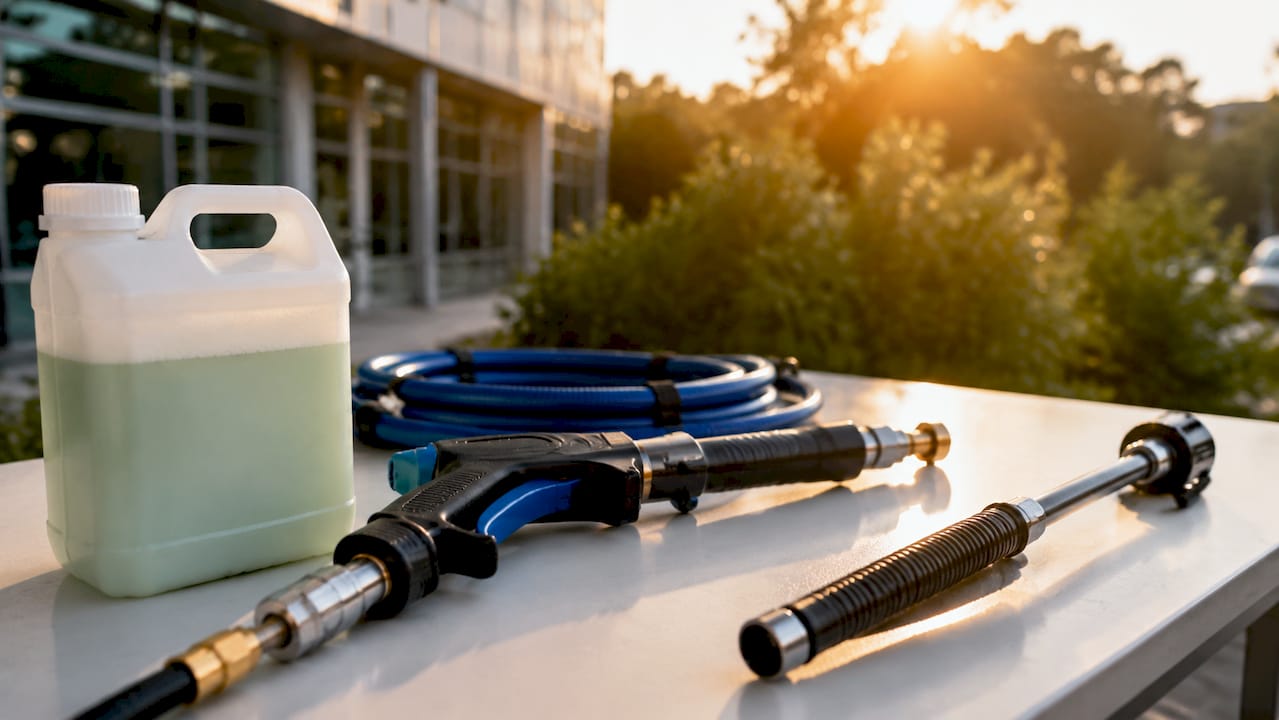 Close-up of eco-friendly facade cleaning tools on bench