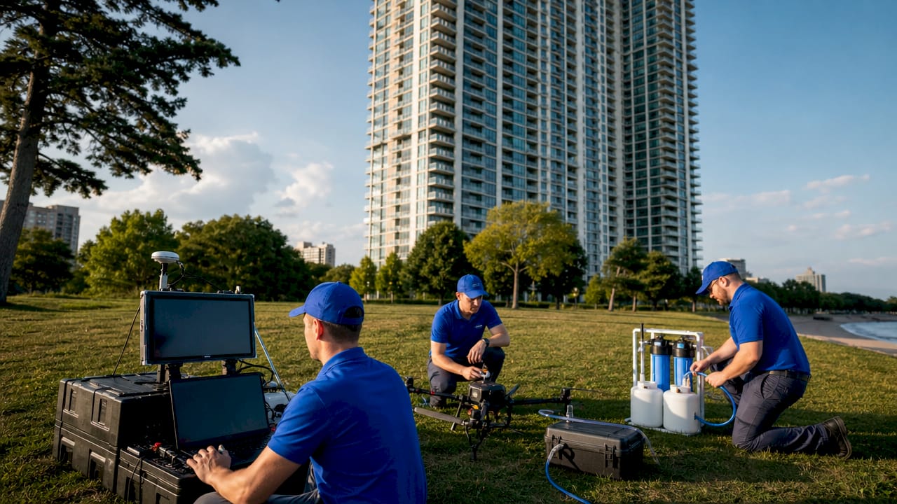 Drone cleaning team ready for high-rise window washing