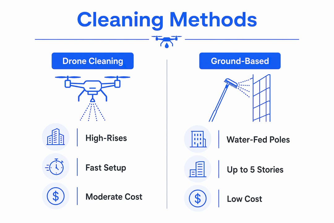 Infographic comparing drone and ground-based facade cleaning methods