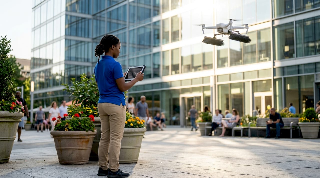 Drone cleaning high-rise glass facade outdoors