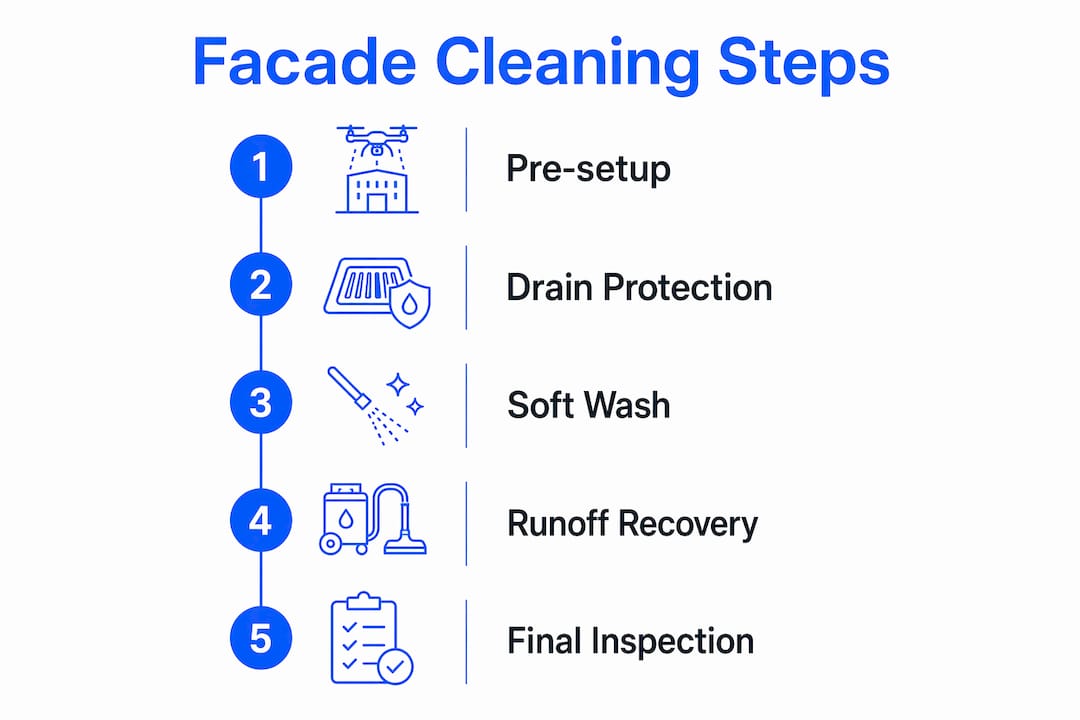 Infographic outlining five key facade cleaning steps