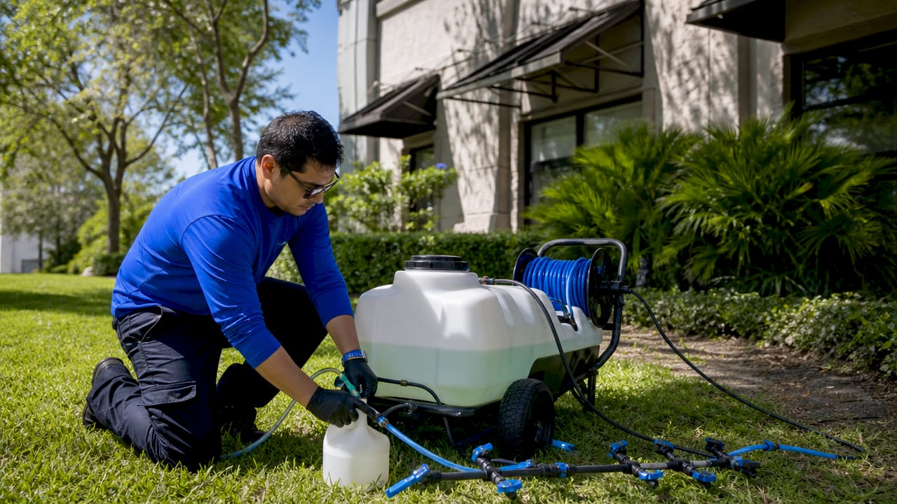 Technician setting up soft washing equipment outdoors