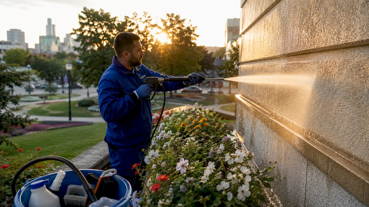 Technician pressure washing stucco exterior facade