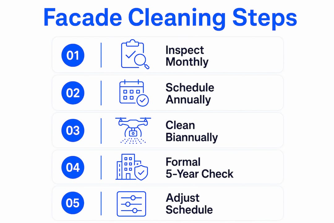 Infographic outlining facade cleaning schedule steps