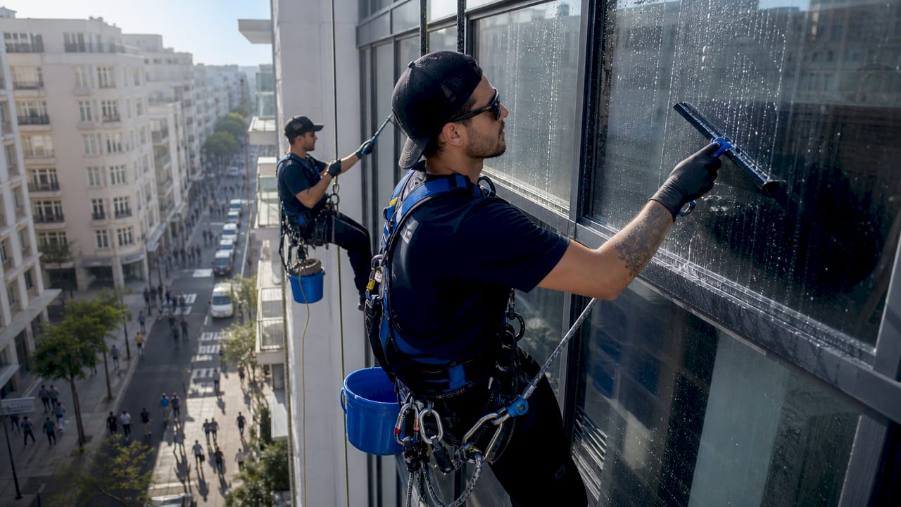Workers cleaning high-rise building facade safely