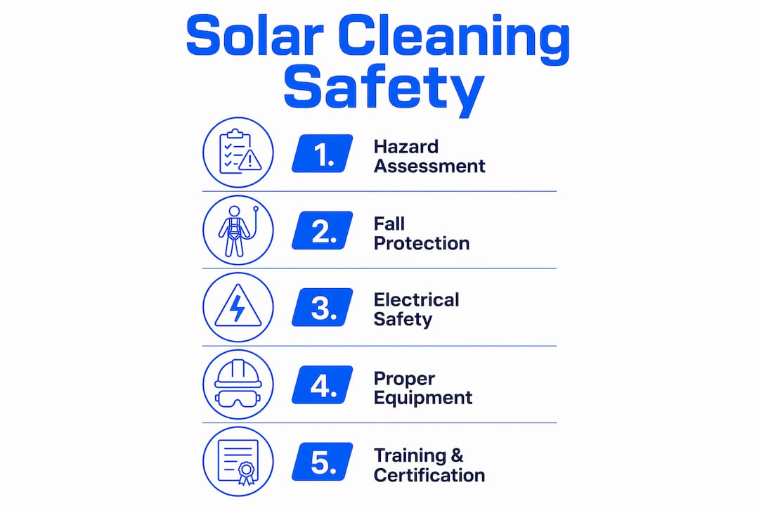 Infographic outlining five steps for safe rooftop solar cleaning