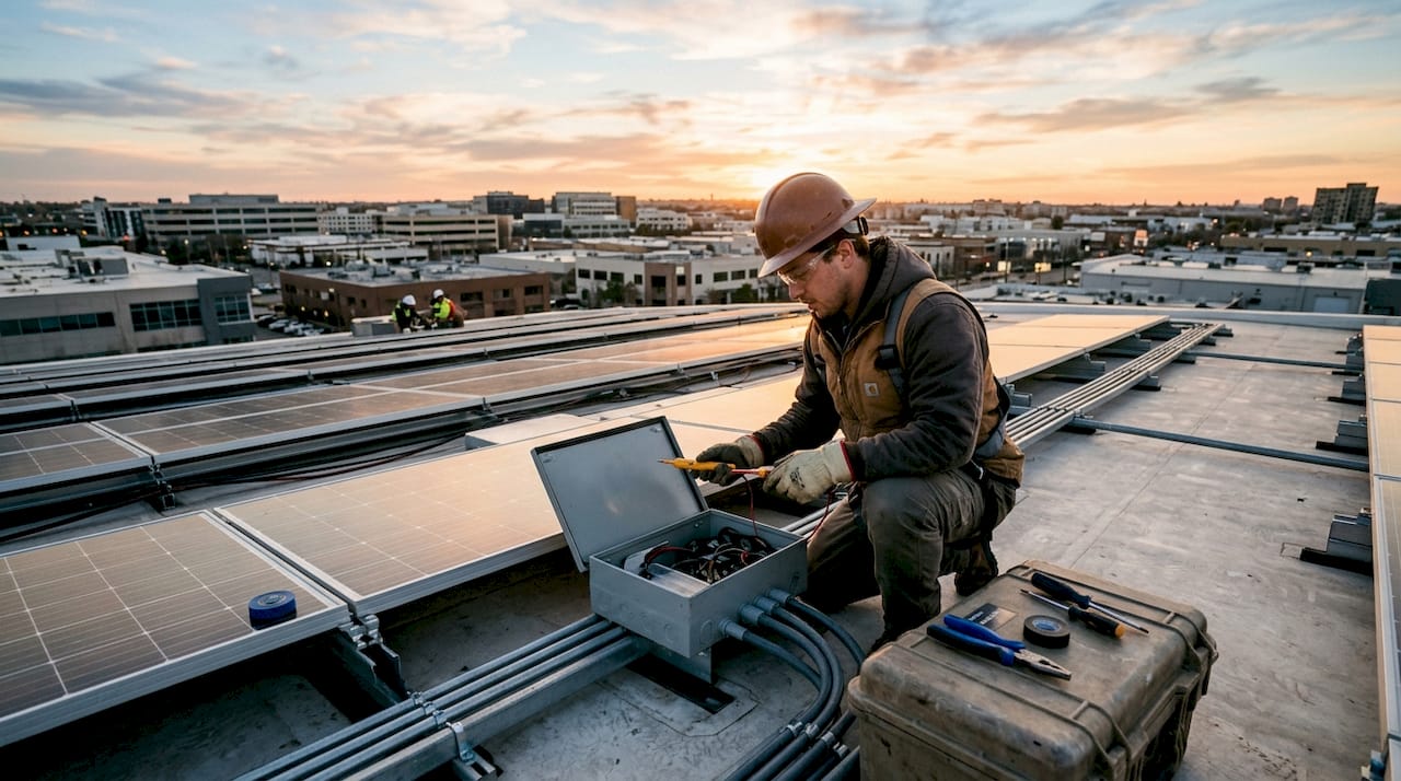Solar panel technician inspecting rooftop electrical components