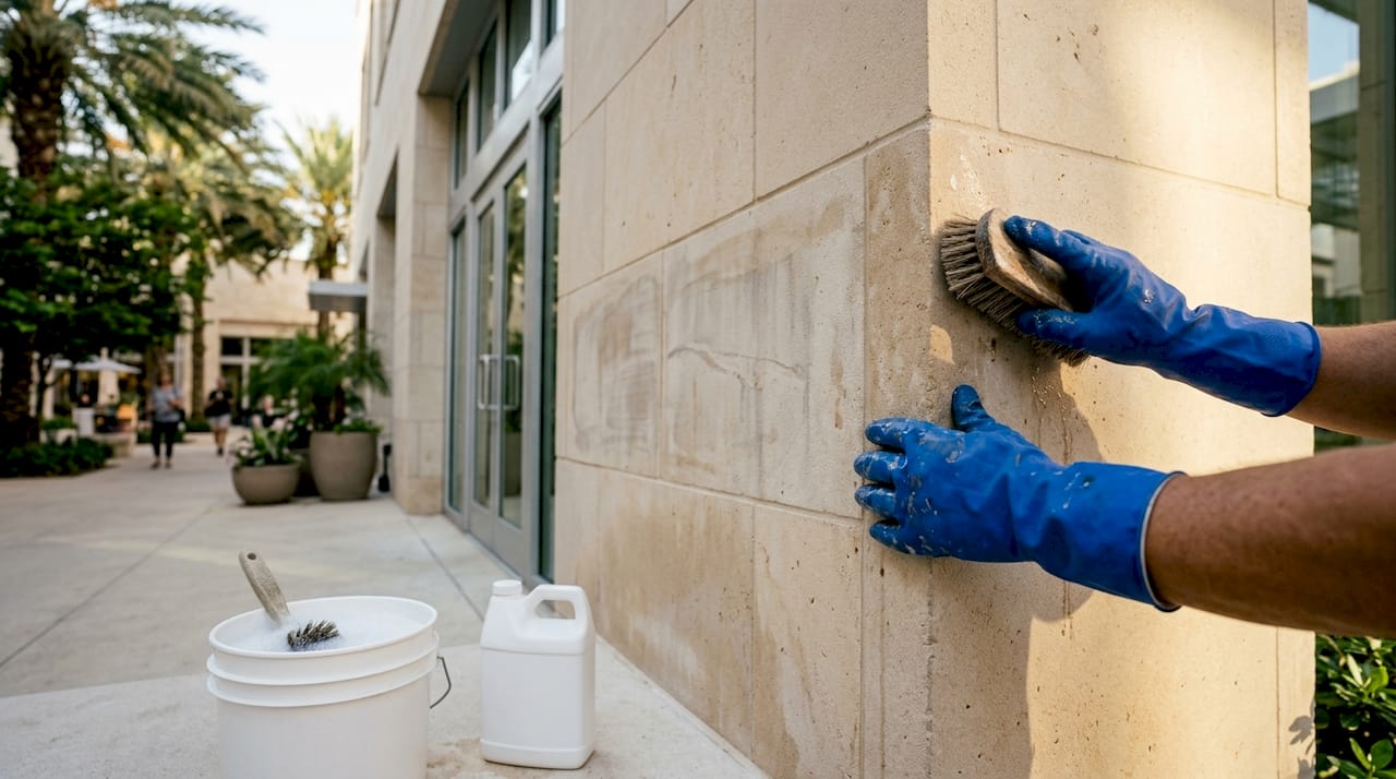 Hands cleaning mortar haze from building facade