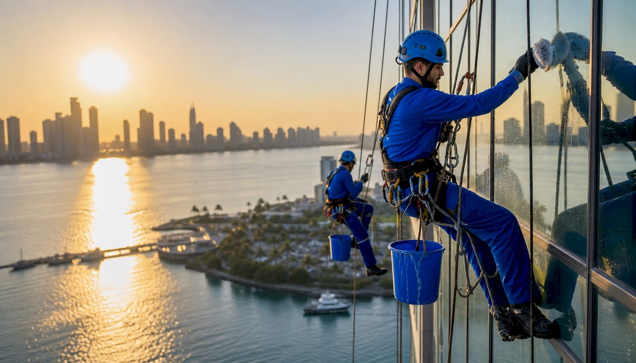 High-rise rope access workers cleaning windows
