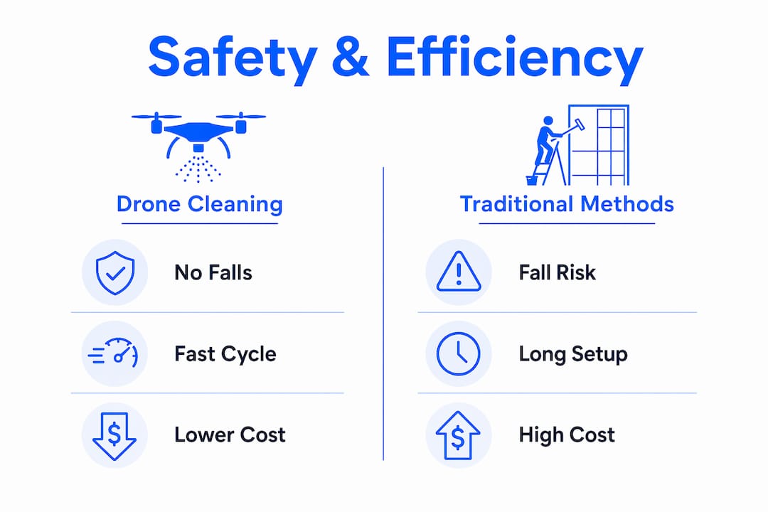 Infographic comparing drone cleaning and traditional safety records