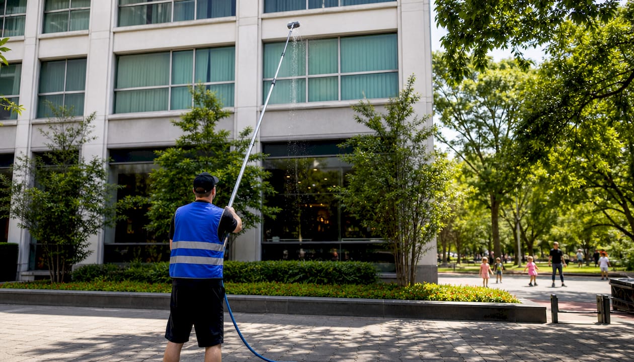 Worker cleaning hotel windows with water-fed pole system